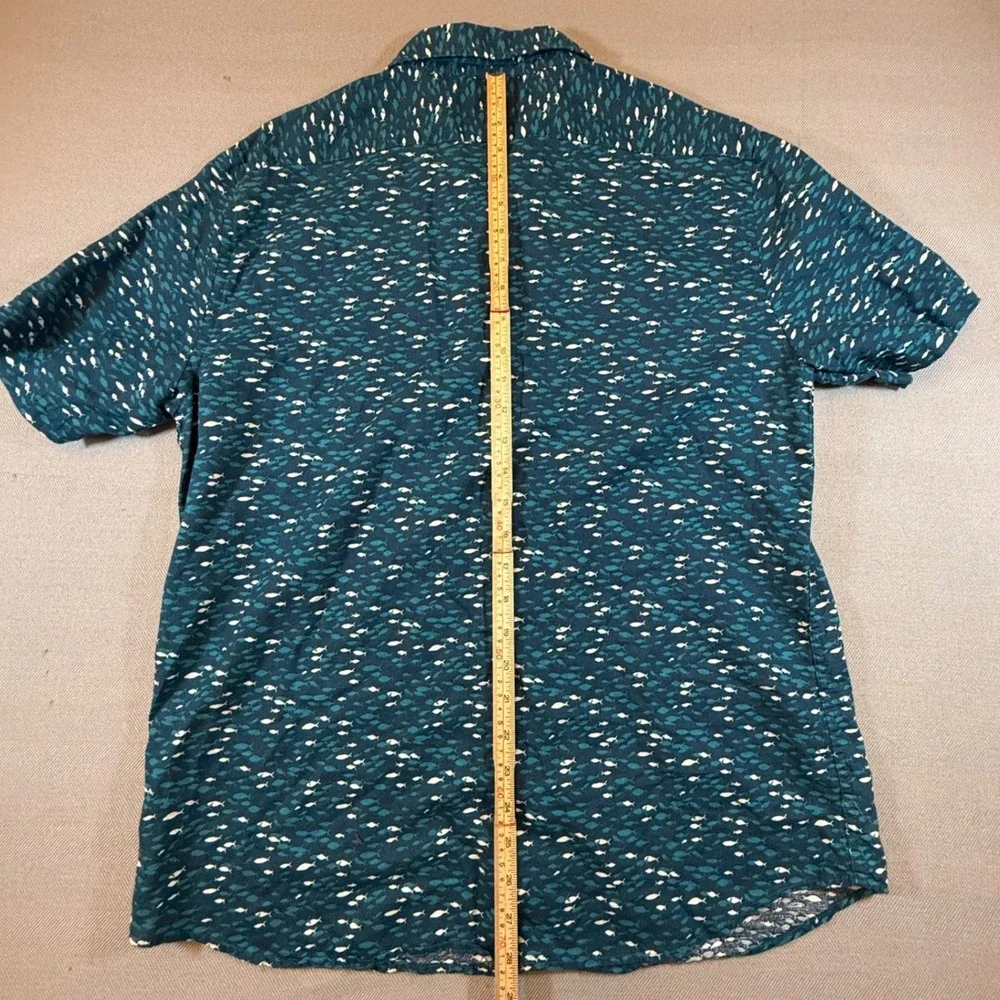 Banana Republic Mens L Slim Fit Linen Blend Fish Print Short Sleeve Shirt Blue